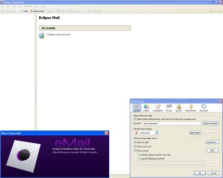 eMail home page showing about and preferences on Windows XP