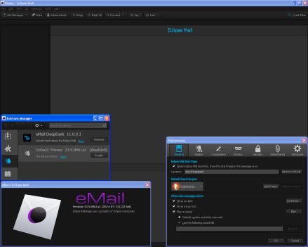 eMail home page with custom eMail DeepDark theme showing about, addons manager, and preferences on Windows XP