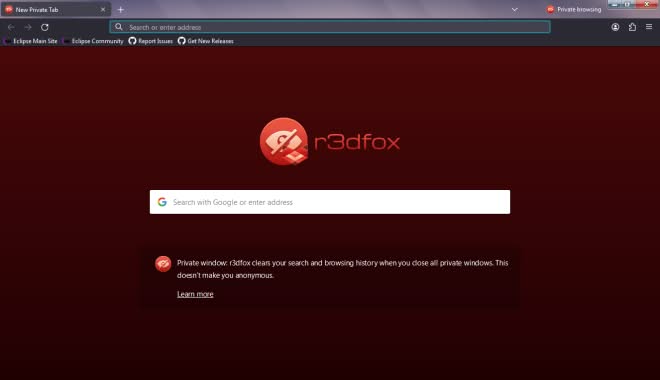 r3dfox showing themed private browsing page.